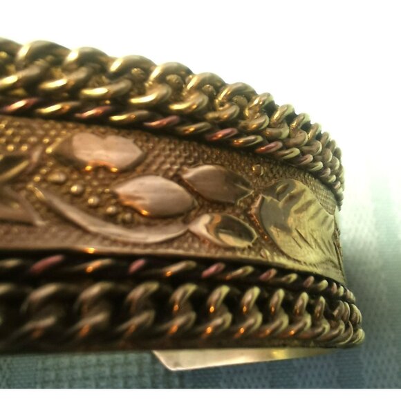 Etched Brass Cuff Bracelet Wide Boho Statement Cuff with Chain Border Vintage - Picture 7 of 11